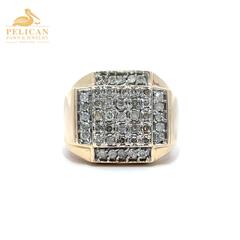 Men's 10KT Yellow Gold Diamond Cluster Signet Statement Ring .90 CTW